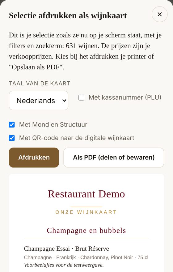 Het venster Selectie afdrukken als wijnkaart met taal, vinkjes en een voorbeeld van de kaart