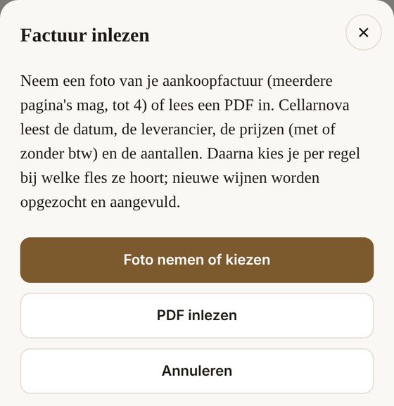 Het venster Factuur inlezen met Foto nemen of kiezen en PDF inlezen
