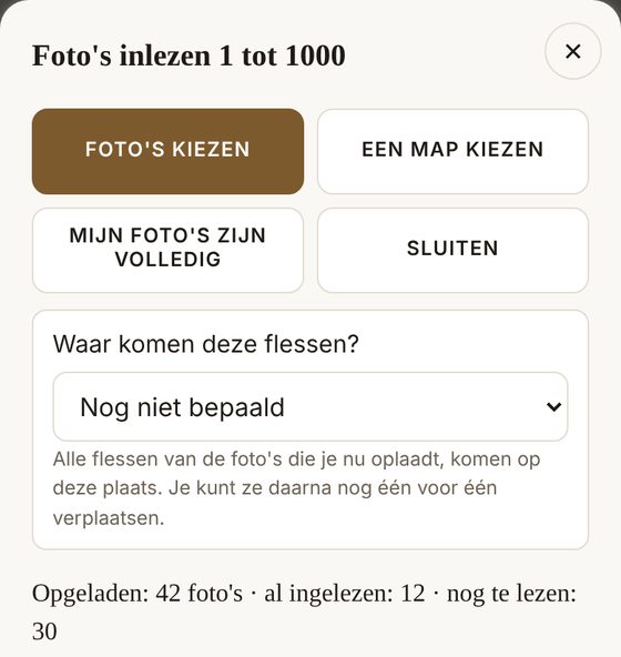 Het venster Foto's inlezen met Foto's kiezen, Een map kiezen, Mijn foto's zijn volledig en de keuze van de plaats