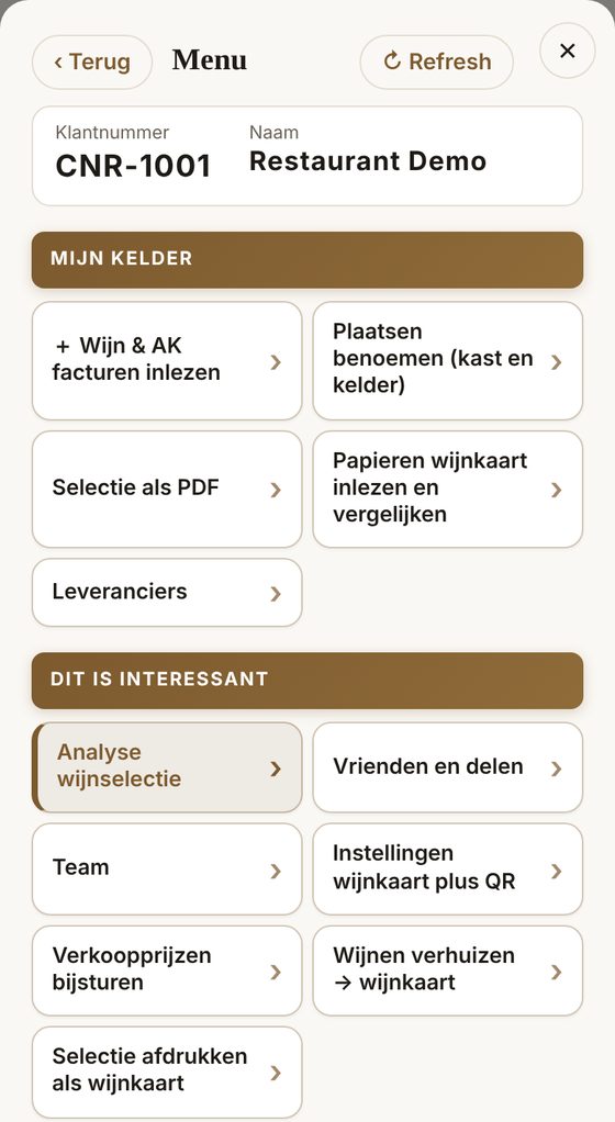 Het menu Back office met de knop Wijn en AK facturen inlezen