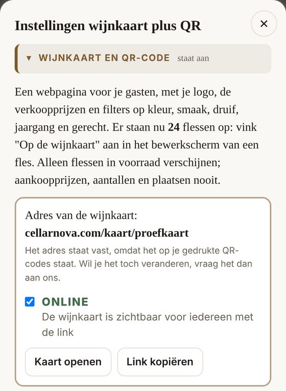 Instellingen wijnkaart plus QR met het vinkje ONLINE