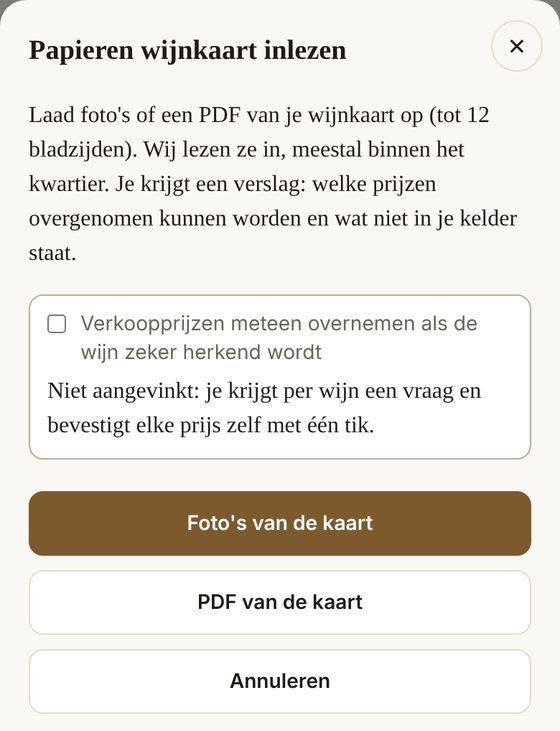 Het venster Papieren wijnkaart inlezen met Foto's van de kaart en PDF van de kaart